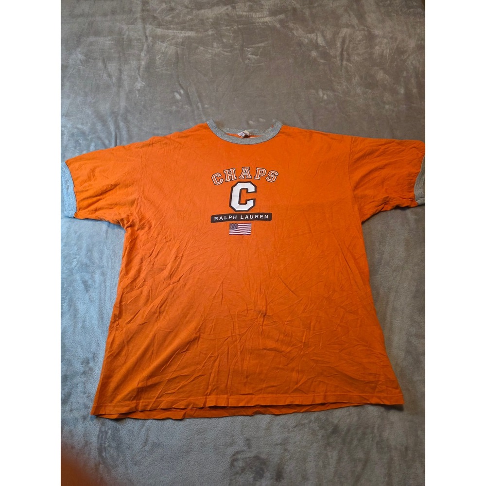 Chaps Ralph Lauren T-Shirt Mens Large Orange Vintage Ringer Graphic Tee USA Made